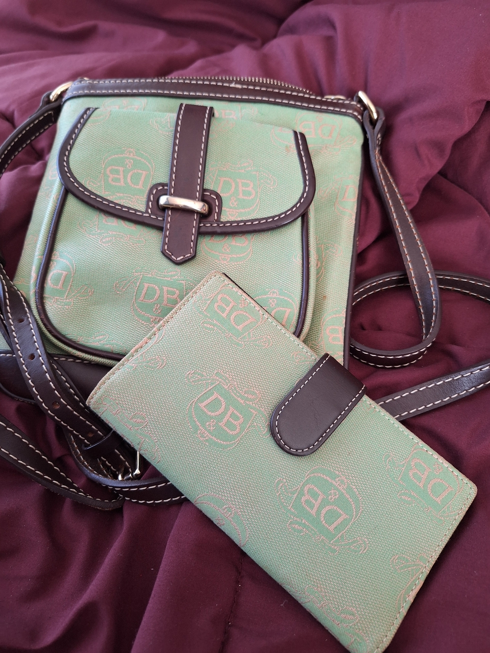 Dooney & Bourke Mint Green Crossbody Bag with Brown Trim and Matching Wallet